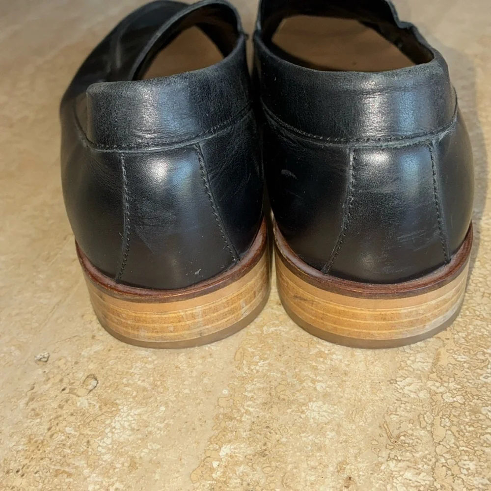 Everlane Italian women 9.5, black leather loafers, stacked leather sole/heel EUC